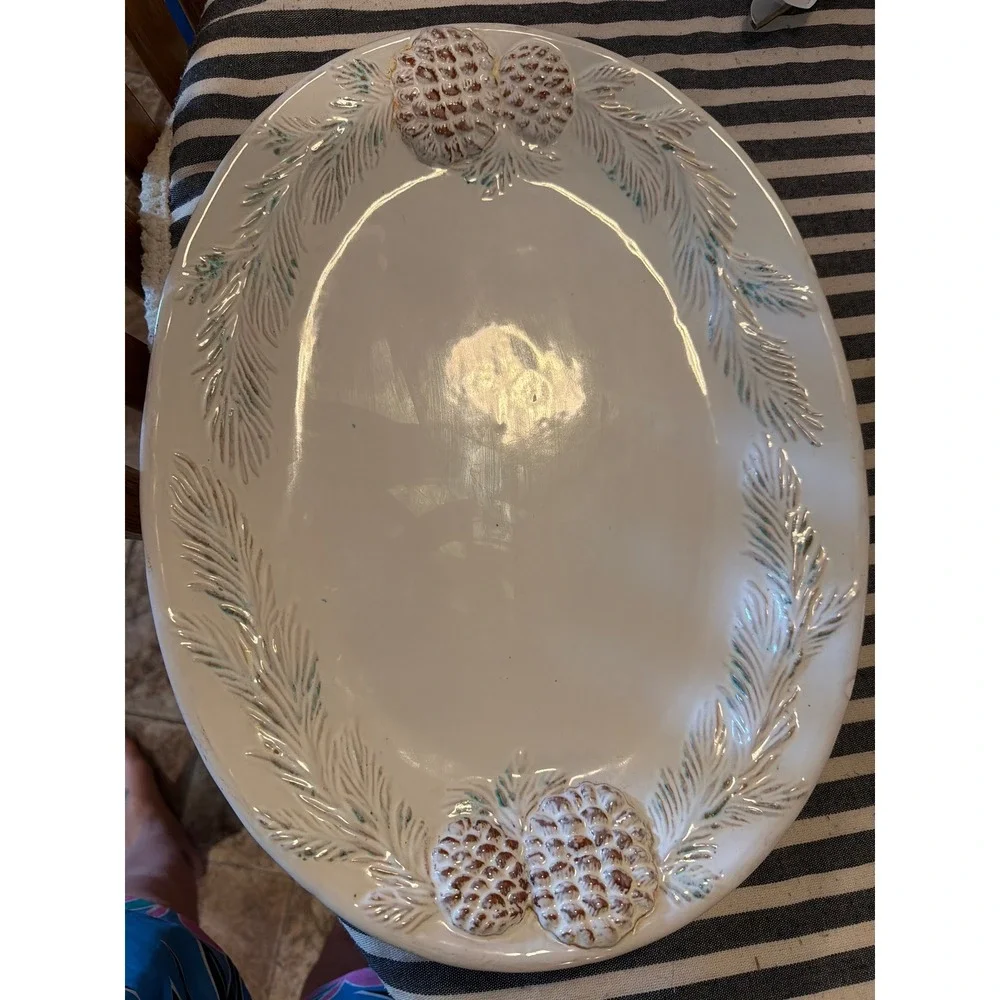 Large Oval Ceramic Serving Platter White Pinecone Pine Needle Embossed 18.5 Inch